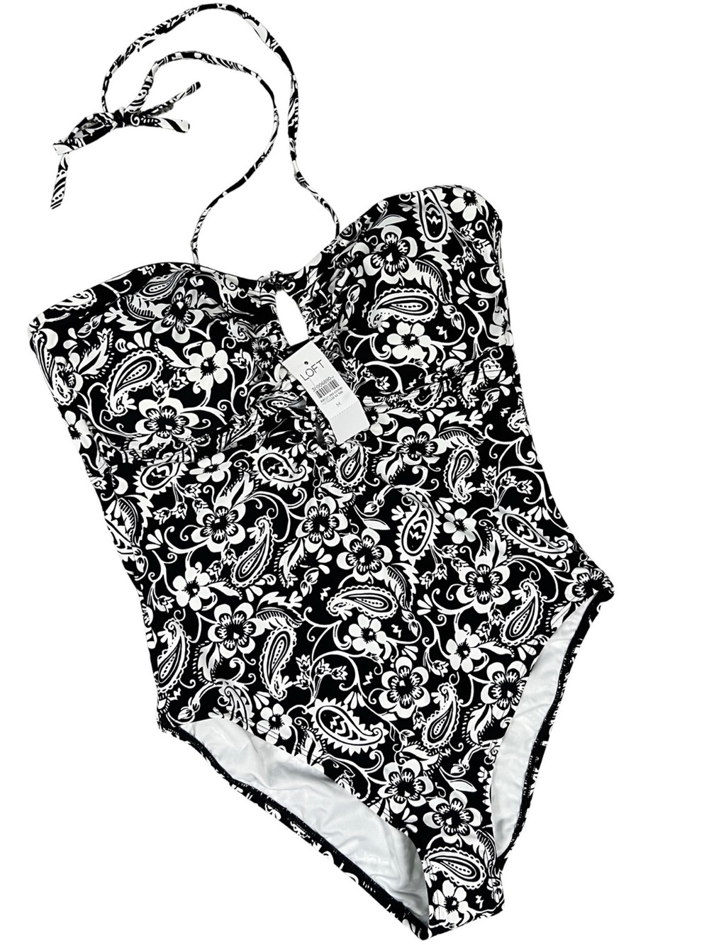 LOFT Beach Cutout Halter One Piece Swimsuit Medium Black White Floral NWT